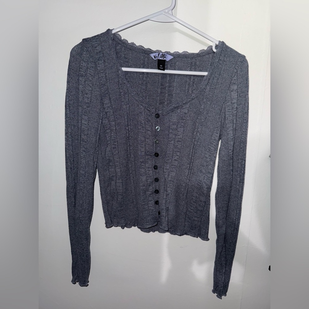 Ribbed Button-Up Cardigan in Charcoal Gray